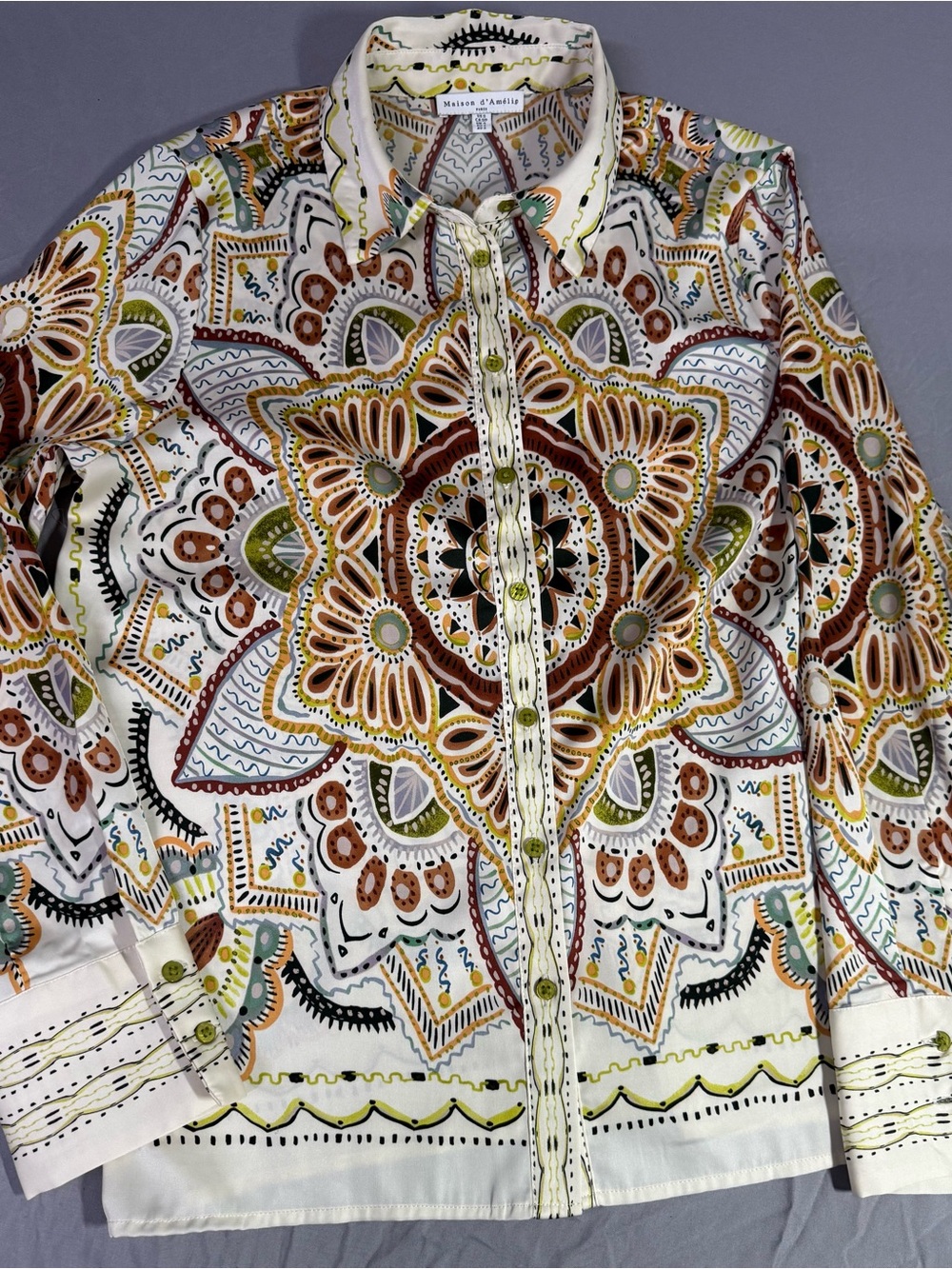 White Button-Up Shirt with Large Multicolor Mandala